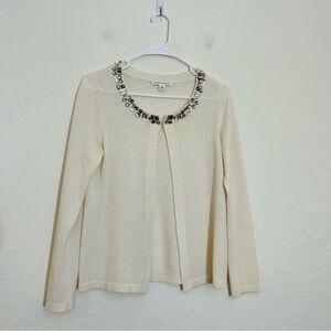 Banana Republic Wool Blend Embellished Neckline Open Front Cardigan Medium Cream